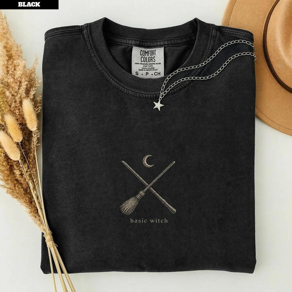 Halloween Sass Basic Witch Tee, Minimal Witchy Women Broom Moon